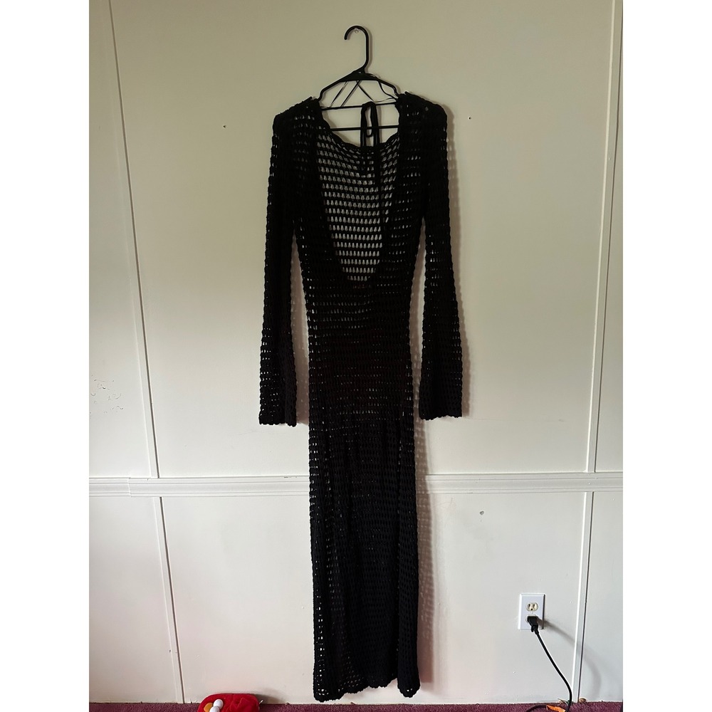 Beige Botany Black Crochet Maxi Dress Long Sleeve Open Knit Cover Up Large